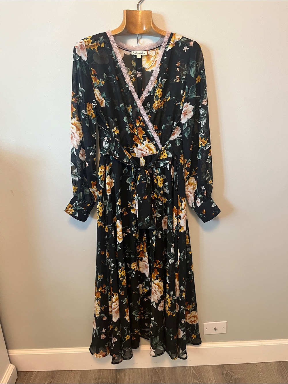 Indigo Rose Black Floral Faux Wrap Maxi Dress with Lace-Trim V-Neck